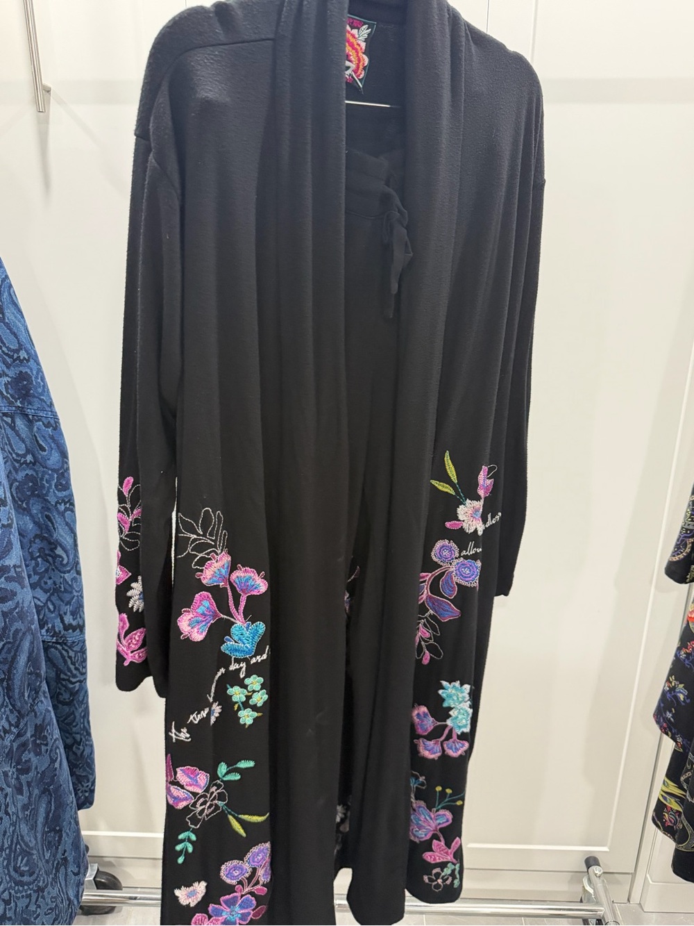 Johnny Was Black Embroidered Floral Maxi Duster jacket M and wide leg trousers S